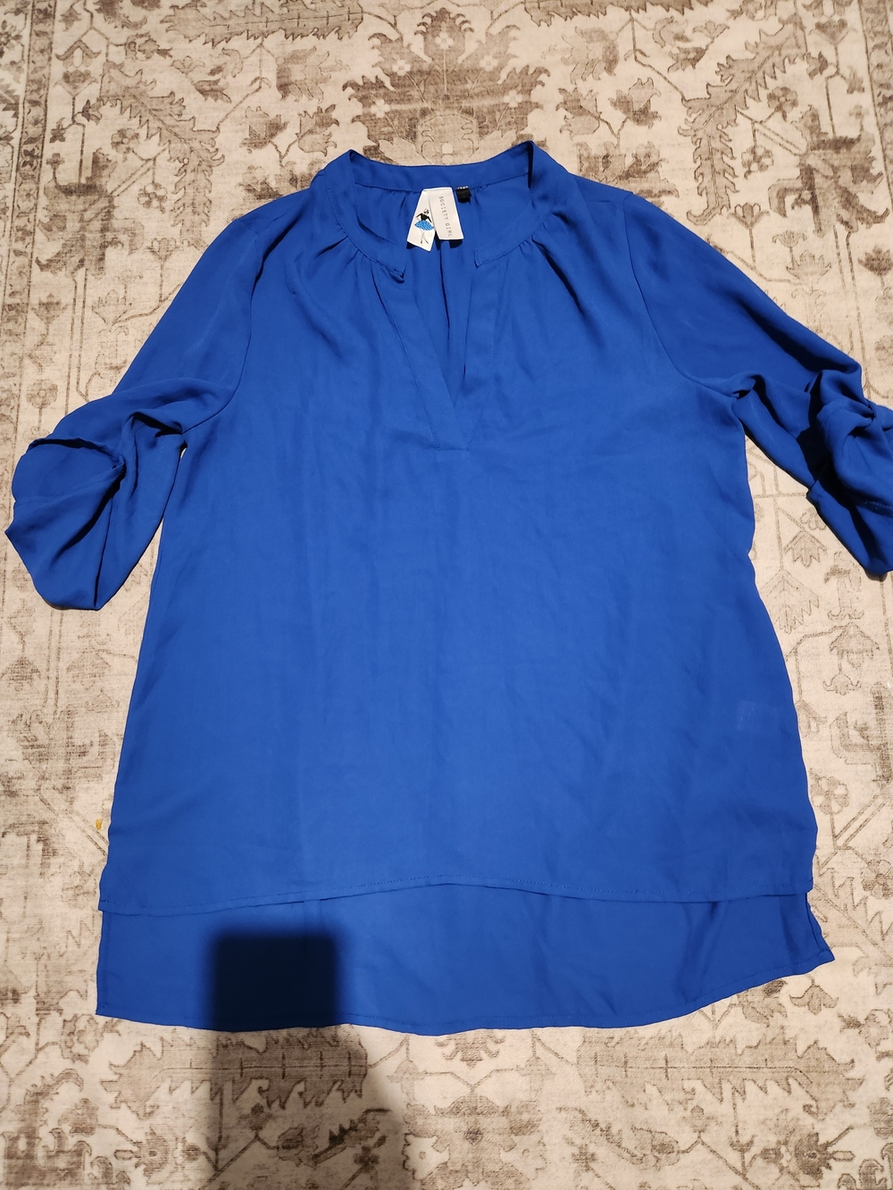 Women's Royal Blue Tunic Blouse with Roll-Tab Sleeves